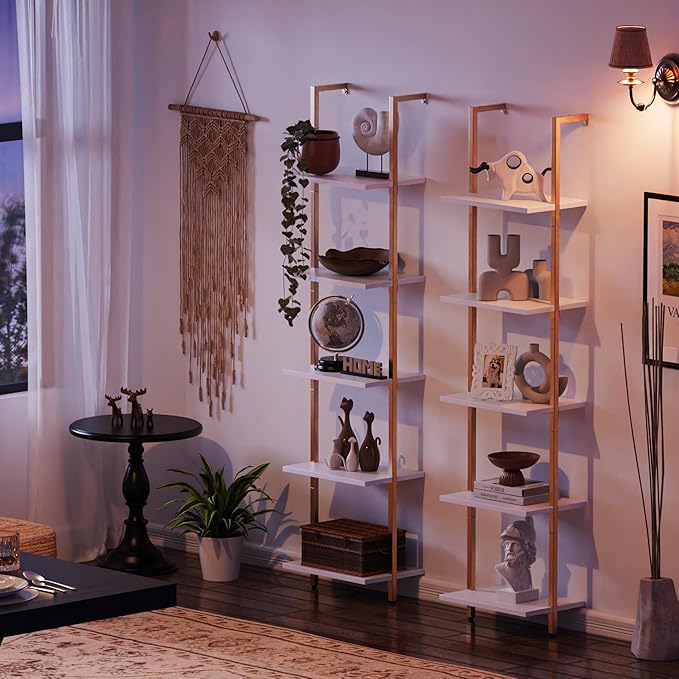 SUPERJARE 5 Tier Bookshelf, Narrow Book Shelf with Open Display Shelves, Small Bookcase with Metal Frame for Bedroom, Living Room, White and Gold - LeafyLoom