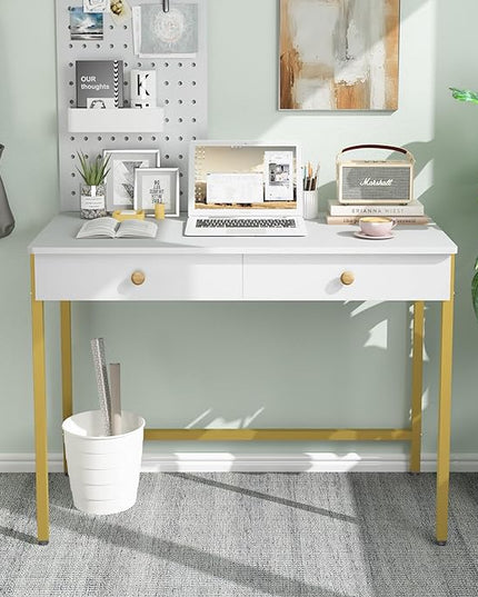 Weehom Computer Desk with Drawers, Home Office Desk for Writing, Studying, and Gaming - Sturdy and Spacious Workstation for PC and Laptop(White and Gold) - LeafyLoom