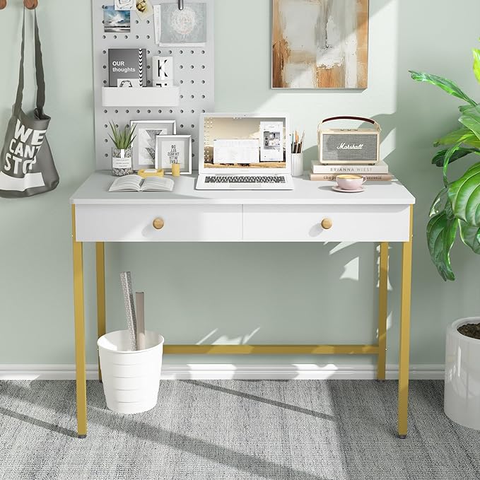 Weehom Computer Desk with Drawers, Home Office Desk for Writing, Studying, and Gaming - Sturdy and Spacious Workstation for PC and Laptop(White and Gold) - LeafyLoom