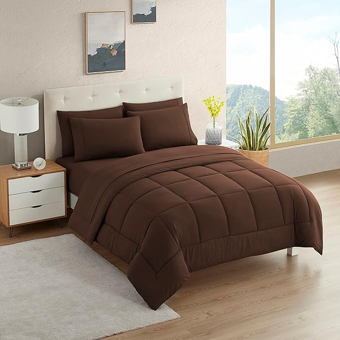 Dorm Room Essentials College Bedding Comforter Set 7 Piece Full Size Bed in a Bag for College Students Boys and Girls, Full, Chocolate Brown - LeafyLoom