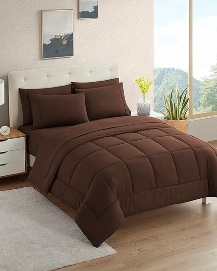 Dorm Room Essentials College Bedding Comforter Set 5 Piece Twin Size Bed in a Bag for College Students Boys and Girls, Twin, Chocolate Brown - LeafyLoom