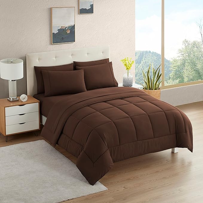 Dorm Room Essentials College Bedding Comforter Set 5 Piece Twin Size Bed in a Bag for College Students Boys and Girls, Twin, Chocolate Brown - LeafyLoom