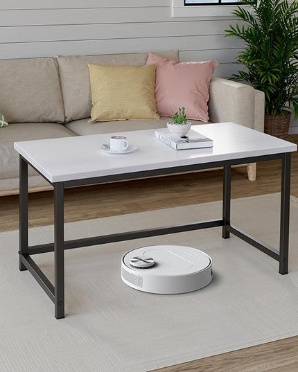 White Modern Coffee Table Wood for Living Room Rectangle Metal Simple Minimalist Center Table, Small Narrow Coffe Table, 32 Inch White Black - LeafyLoom