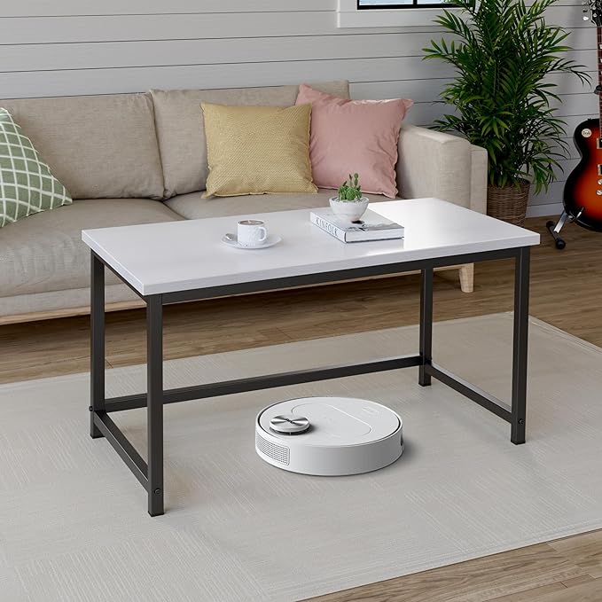 White Modern Coffee Table Wood for Living Room Rectangle Metal Simple Minimalist Center Table, Small Narrow Coffe Table, 32 Inch White Black - LeafyLoom