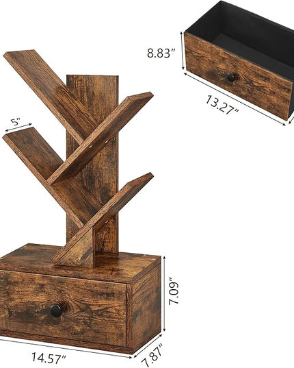 4 Tier Tree Bookshelf with Drawer, Small Tree Bookcase, Table Top Book Shelf Organizer Shelves for Living Room, Bedroom, Home Office, Rustic Brown - LeafyLoom