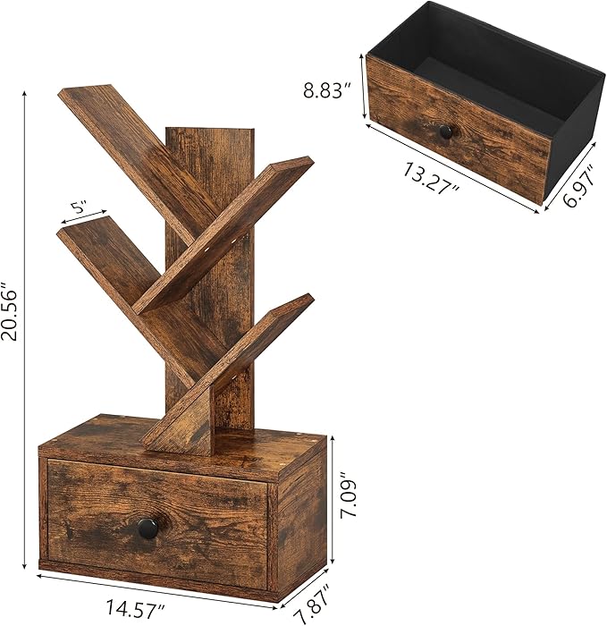 4 Tier Tree Bookshelf with Drawer, Small Tree Bookcase, Table Top Book Shelf Organizer Shelves for Living Room, Bedroom, Home Office, Rustic Brown - LeafyLoom