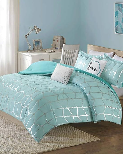 Intelligent Design Raina Full / Queen Comforter Set, Soft Microfiber Comforter Set Queen, Modern Geometric Metallic Bed Set, 5 Pieces College Bedding Comforter Set with 2 Shams, 2 Toss Pillows Aqua - LeafyLoom