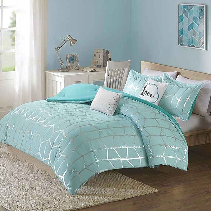 Intelligent Design Raina Full / Queen Comforter Set, Soft Microfiber Comforter Set Queen, Modern Geometric Metallic Bed Set, 5 Pieces College Bedding Comforter Set with 2 Shams, 2 Toss Pillows Aqua - LeafyLoom