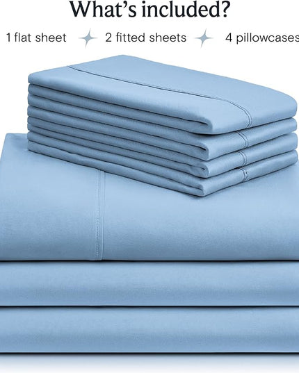 LuxClub 7 PC Split King Sheet Set, Breathable Luxury Bed Sheets, Deep Pockets 18" Eco Friendly Wrinkle Free Cooling Sheets Machine Washable Hotel Bedding Silky Soft - Sky Split King - LeafyLoom