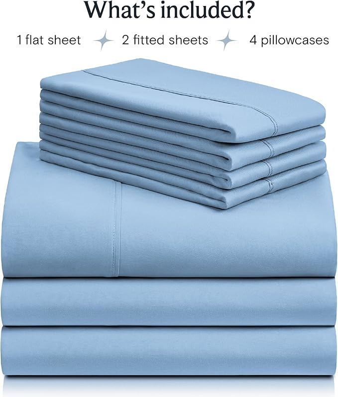 LuxClub 7 PC Split King Sheet Set, Breathable Luxury Bed Sheets, Deep Pockets 18" Eco Friendly Wrinkle Free Cooling Sheets Machine Washable Hotel Bedding Silky Soft - Sky Split King - LeafyLoom