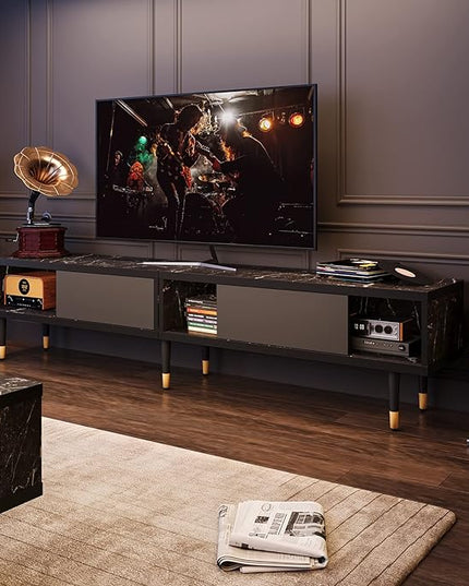 Bestier Mid Century Modern TV Stand for 85 inch tv, Entertainment Center with Storage and Sliding Doors, 2 in 1 Long TV Cabinet for Living Room, Black Marble - LeafyLoom