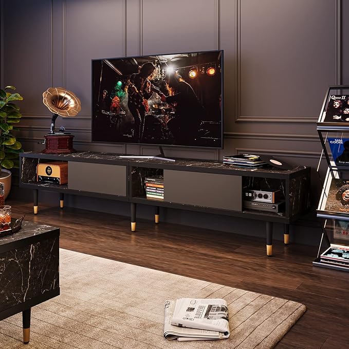 Bestier Mid Century Modern TV Stand for 85 inch tv, Entertainment Center with Storage and Sliding Doors, 2 in 1 Long TV Cabinet for Living Room, Black Marble - LeafyLoom