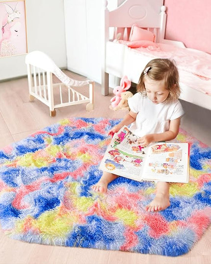 junovo Ultra Soft Hexagon Rug Fluffy Rainbow Nursery Rug for Princess Tent Kids Play Castle, Furry Hexagonal Carpet for Kids Girls Room Playhouse Classroom Dorm Home Decor, 4.6ft Tie-Dye Orange-Red - LeafyLoom
