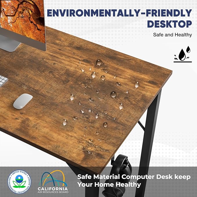 STATESVILLE 32 inch Small Computer Desk Writing Study Work Office Table Modern Simple with Storage Bag and Hook for Home Bedroom, Rustic Brown - LeafyLoom