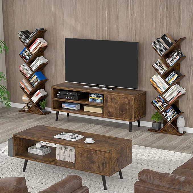 Topfurny Tree Bookshelf, 9-Tier Shelf Rustic Brown Bookcase, Retro Wood Storage Rack for CDs/Movies/Books, Anti-Fall Utility Organizer Shelves for Living Room, Bedroom, Home Office, Rustic - LeafyLoom