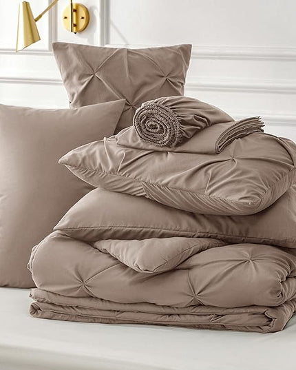 Bedsure Twin Comforter Set with Sheets - 5 Pieces Twin Bedding Sets, Pinch Pleat Khaki Twin Bed in a Bag with Comforter, Sheets, Pillowcase & Sham, Kids Bedding Set - LeafyLoom