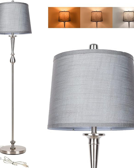 Dott Arts Tall Floor Lamp for Living Room Bedroom, 3 Color Temperature Standing Lamp with Grey Linen Shade, Modern Floor Lamp with 9W LED Bulb, Elegant Nickel Finish Reading Floor Lamps, Foot Switch - LeafyLoom