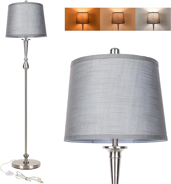 Dott Arts Tall Floor Lamp for Living Room Bedroom, 3 Color Temperature Standing Lamp with Grey Linen Shade, Modern Floor Lamp with 9W LED Bulb, Elegant Nickel Finish Reading Floor Lamps, Foot Switch - LeafyLoom
