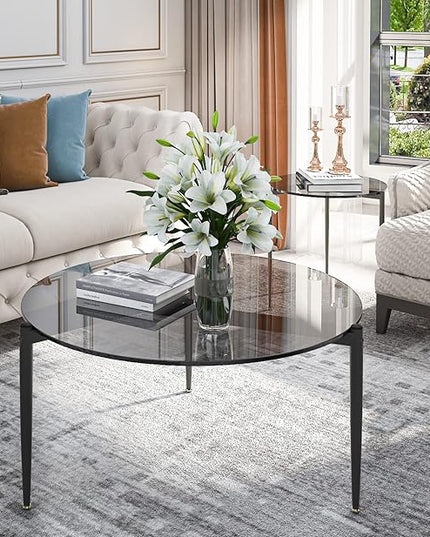 Round Tempered Glass Table: 31.5 inch Large Circle Top Storage Shelf with Metal Frame, Modern Coffee Table Center Desk Luxury Furniture for Living Room, Grey - LeafyLoom
