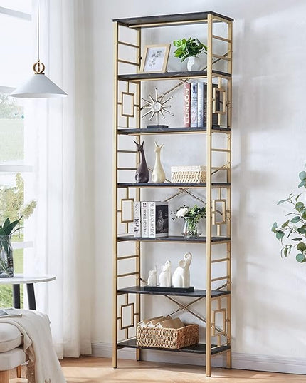 HOMISSUE Bookcase,7-Tier Tall Bookshelf Metal Bookcase and Bookshelves, Free Standing Storage Modern Bookshelf for Home Office Living Room and Bedroom, Black & Gold - LeafyLoom