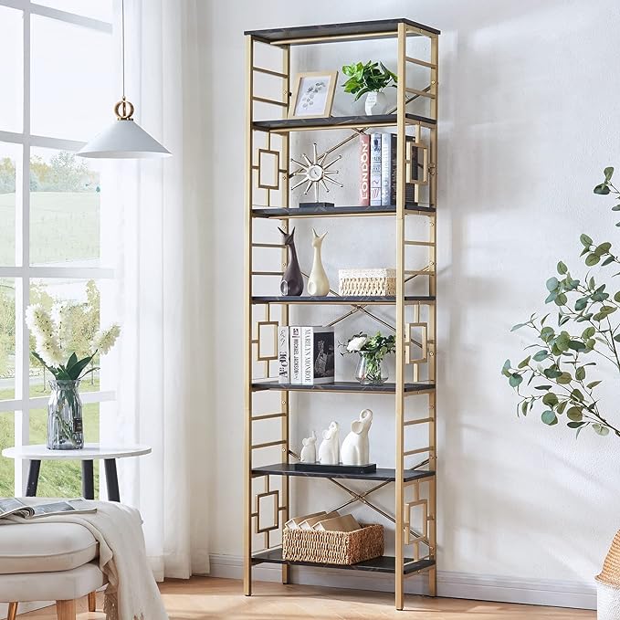 HOMISSUE Bookcase,7-Tier Tall Bookshelf Metal Bookcase and Bookshelves, Free Standing Storage Modern Bookshelf for Home Office Living Room and Bedroom, Black & Gold - LeafyLoom