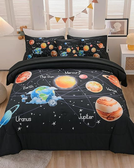 6 Pcs Outer Space Bedding Set Twin Solar System Comforter Set Universe Planets Theme Comforter for Boys Kids Ultra-Soft (1 Comforter, 2 Pillowcases, 1 Flat Sheet, 1 Fitted Sheet,1 Pillowcover) - LeafyLoom