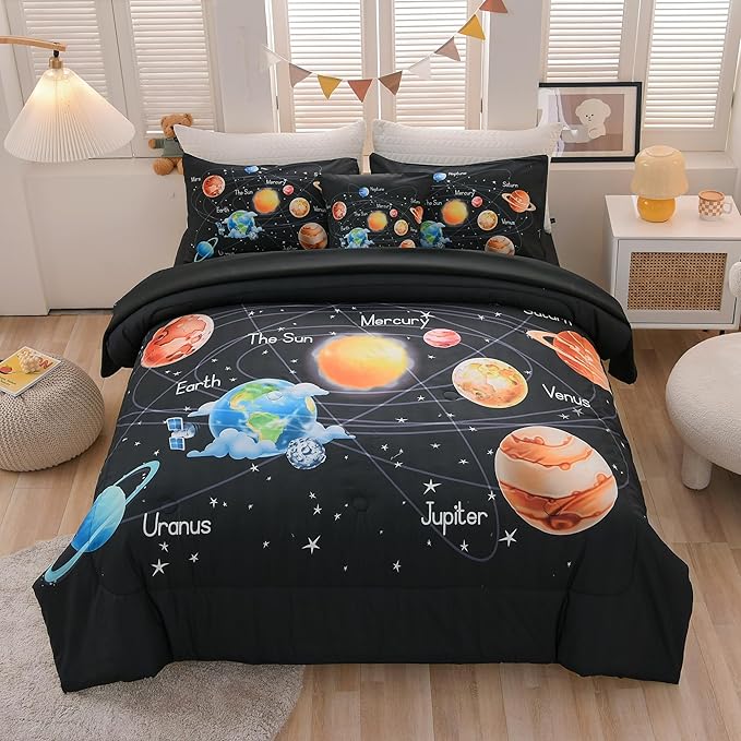6 Pcs Outer Space Bedding Set Twin Solar System Comforter Set Universe Planets Theme Comforter for Boys Kids Ultra-Soft (1 Comforter, 2 Pillowcases, 1 Flat Sheet, 1 Fitted Sheet,1 Pillowcover) - LeafyLoom