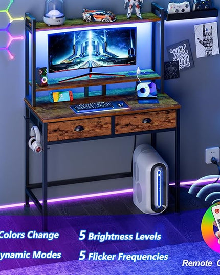 Furologee Small Computer Desk with Power Outlet and 2 Fabric Drawers, Gaming Desk with Light, Home Office Desk with Monitor Stand and Hutch for Small Space Working, Study Table with Shelf Rustic Brown - LeafyLoom