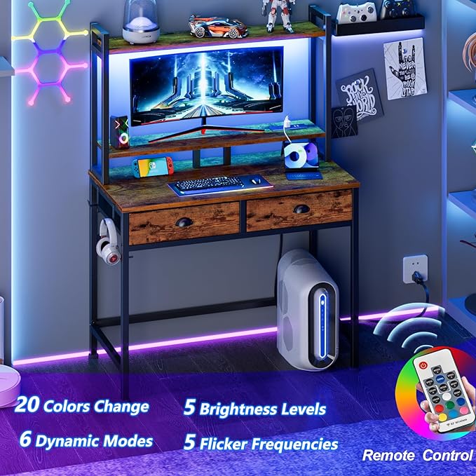 Furologee Small Computer Desk with Power Outlet and 2 Fabric Drawers, Gaming Desk with Light, Home Office Desk with Monitor Stand and Hutch for Small Space Working, Study Table with Shelf Rustic Brown - LeafyLoom