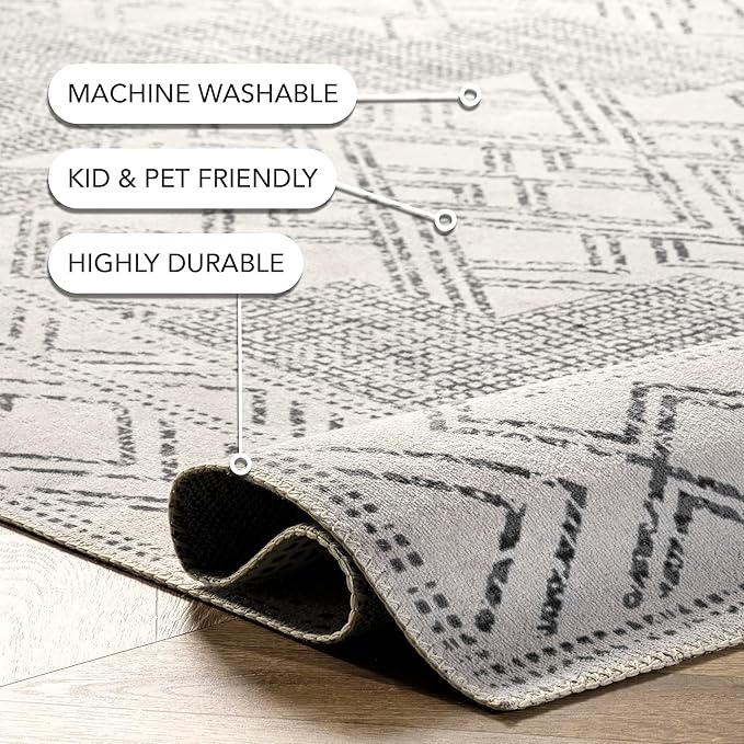 nuLOOM Mia Machine Washable Geometric Medallion Ultra Thin Area Rug, 8' x 10', Light Grey - LeafyLoom