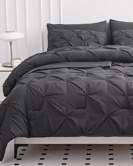 LANE LINEN Queen Size Comforter Set, 7 Piece Bedding Queen Size, Pintuck Comforters Queen Size Bed Set, Soft Queen Bed in a Bag Set, Queen Bed Comforter Set with Sheets, Pillowcases & Shams - Grey - LeafyLoom