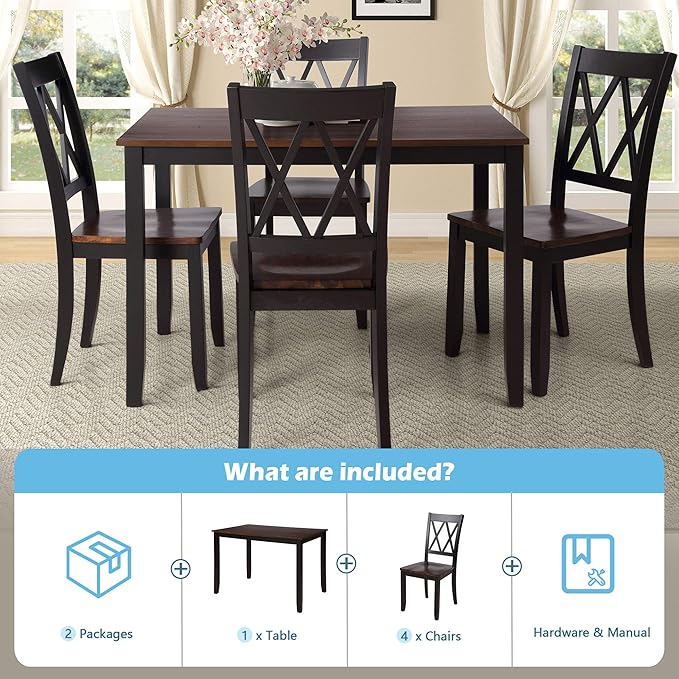 Farmhouse Style Comfortable 4 Chairs, Long-Lasting Solid Wood Home, Easy Assembly and Clean, Room, Kitchen, 5 Piece Dining Table Set, Black 25 - LeafyLoom