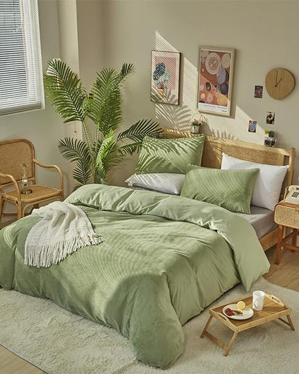 Wellboo Sage Green Velvet Comforter Sets Full Light Green Fluffy Bedding Solid Color Flannel Quilt Women Men Grass Green Comforters Micromink Sherpa Fuzzy Warm Bed Girls Boys Dorm Plush Bedding Soft - LeafyLoom