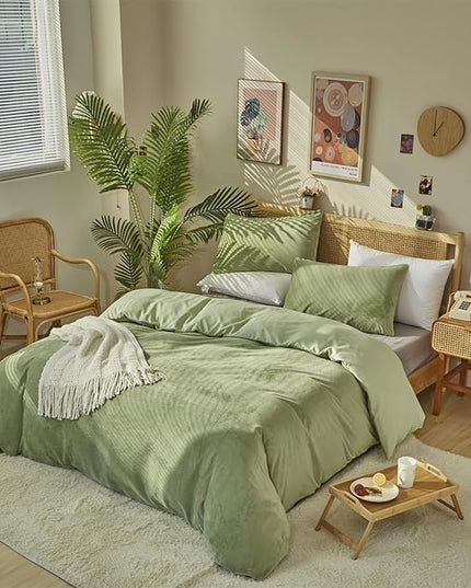 Wellboo Sage Green Velvet Comforter Sets California King Light Green Fluffy Bedding Cal King Solid Color Flannel Quilt Women Men Grass Green Comforters Micromink Sherpa Fuzzy Warm Plush Bedding Soft - LeafyLoom
