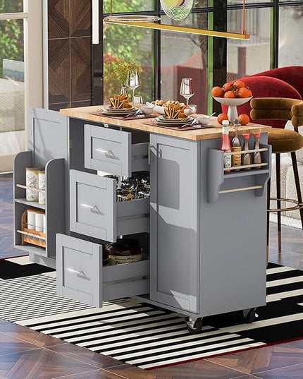 Kitchen Island with Storage, Rolling Extended Table on Wheels w/3 Drawer, 2 Slide-Out Shelf and Internal Storage Spice&Tower Rack for Dinning Room - LeafyLoom