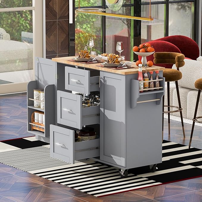 Kitchen Island with Storage, Rolling Extended Table on Wheels w/3 Drawer, 2 Slide-Out Shelf and Internal Storage Spice&Tower Rack for Dinning Room - LeafyLoom