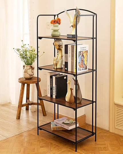 No Assembly Folding Bookshelf, 4 Tier Black Bookshelf, Metal Book Shelf for Storage, Folding Bookcase for Office Organization and Storage, 12.6" D x 22.44" W x 55.51" H - LeafyLoom