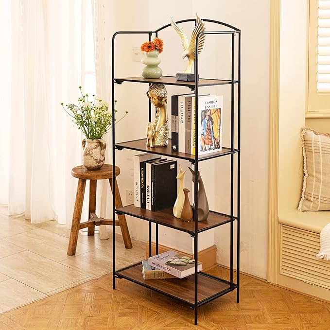 No Assembly Folding Bookshelf, 4 Tier Black Bookshelf, Metal Book Shelf for Storage, Folding Bookcase for Office Organization and Storage, 12.6" D x 22.44" W x 55.51" H - LeafyLoom