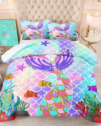 Mermaid Tail Comforter Set Queen Size, 3Pcs Rainbow Mermaid Fish Scales Bedding Set, Microfiber Kids Bedding Glitter Mermaid Tail Pattern Decor for Girls Bedroom1 Comforter 2 Pillowcase - LeafyLoom