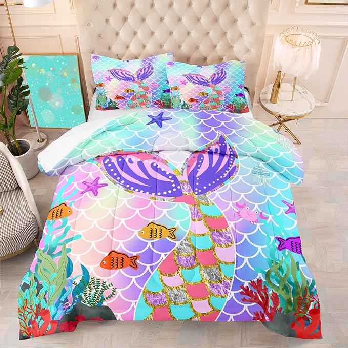 Mermaid Full Size Bedding Set for Girls, Rainbow Mermaid Tail Fish Scales Comforter Set Full Size Bed in a Bag, Cute Mermaid Tail Pattern Decor for Girls Bedroom, 1 Comforter 2 Pillowcase - LeafyLoom
