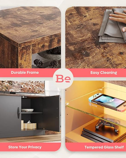 Bestier 70 Inch Led TV Stand for 75 Inch TV Large Entertainment Center Gaming with Adjustable Glass Shelves Two Cabinets Modern TV Console for Living Room 22 RGB Modes, Rustic Brown - LeafyLoom
