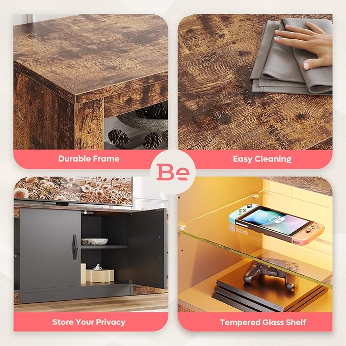 Bestier 70 Inch Led TV Stand for 75 Inch TV Large Entertainment Center Gaming with Adjustable Glass Shelves Two Cabinets Modern TV Console for Living Room 22 RGB Modes, Rustic Brown - LeafyLoom