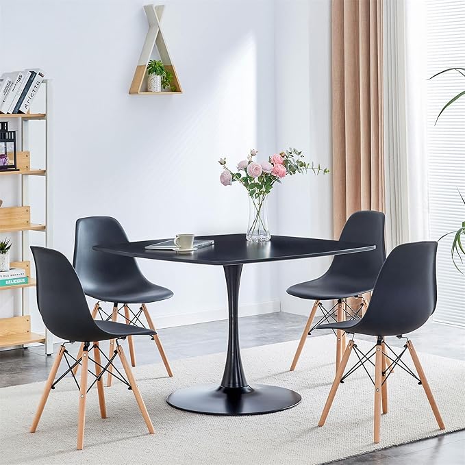 42 inch Black Square Pedestal Table for 4-6 Person, Mid Century Modern Table for Kitchen Dining Room - LeafyLoom