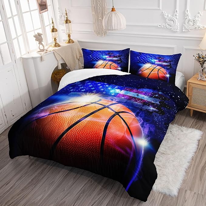 Datura home Kids Comforter Set Basketball Printed Pattern Bedding Set with 1 Comforter and 2 Pillowcases for Girls Boys Bedroom All Season(Basketball Queen) - LeafyLoom