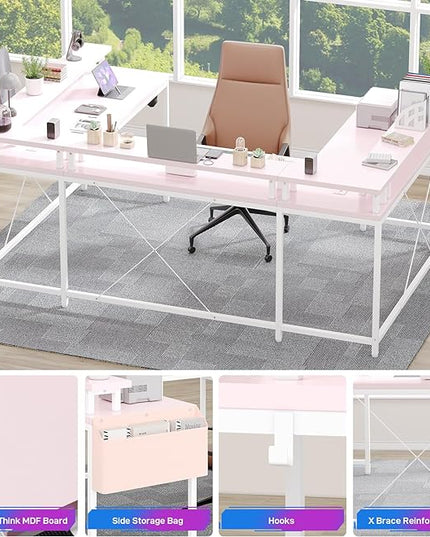 U Shaped Computer Gaming Desk, Reversible L Shaped Desk with Power Outlets, LED Strip & Monitor Stand, Large Corner Desk with Storage Shelves for Home Office,Deep Pink - LeafyLoom