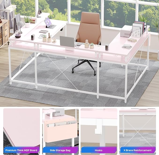 U Shaped Computer Gaming Desk, Reversible L Shaped Desk with Power Outlets, LED Strip & Monitor Stand, Large Corner Desk with Storage Shelves for Home Office,Deep Pink - LeafyLoom