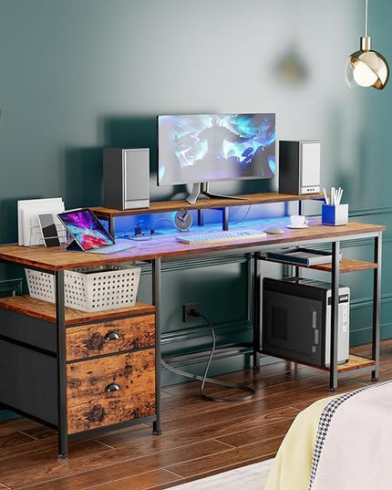 Furologee 61" Computer Desk with Power Outlet and USB Ports, Large Desk with Shelves and Drawer, Writing Study Desk with Fabric File Cabinet and Long Monitor Stand, Gaming Desk for Home Office - LeafyLoom