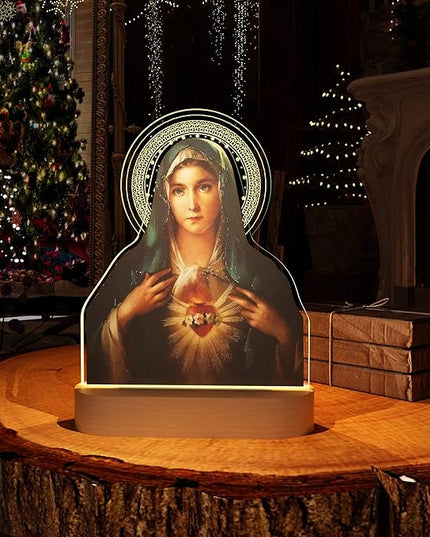 Virgin Mary Gifts for Women, Immaculate Heart of Mother Mary Pictures, Heart of Mary Catholic Gifts Night Light for Home Decor, Christian Religious Blessed Baptize Gifts for Mum Grandma Lady - LeafyLoom