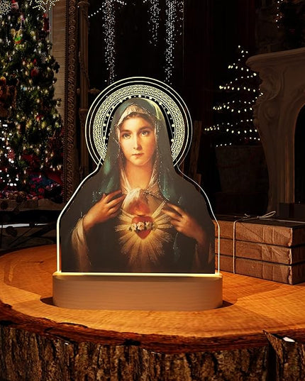 Virgin Mary Gifts for Women, Immaculate Heart of Mother Mary Pictures, Heart of Mary Catholic Gifts Night Light for Home Decor, Christian Religious Blessed Baptize Gifts for Mum Grandma Lady - LeafyLoom