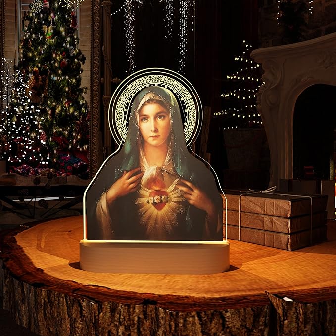Virgin Mary Gifts for Women, Immaculate Heart of Mother Mary Pictures, Heart of Mary Catholic Gifts Night Light for Home Decor, Christian Religious Blessed Baptize Gifts for Mum Grandma Lady - LeafyLoom